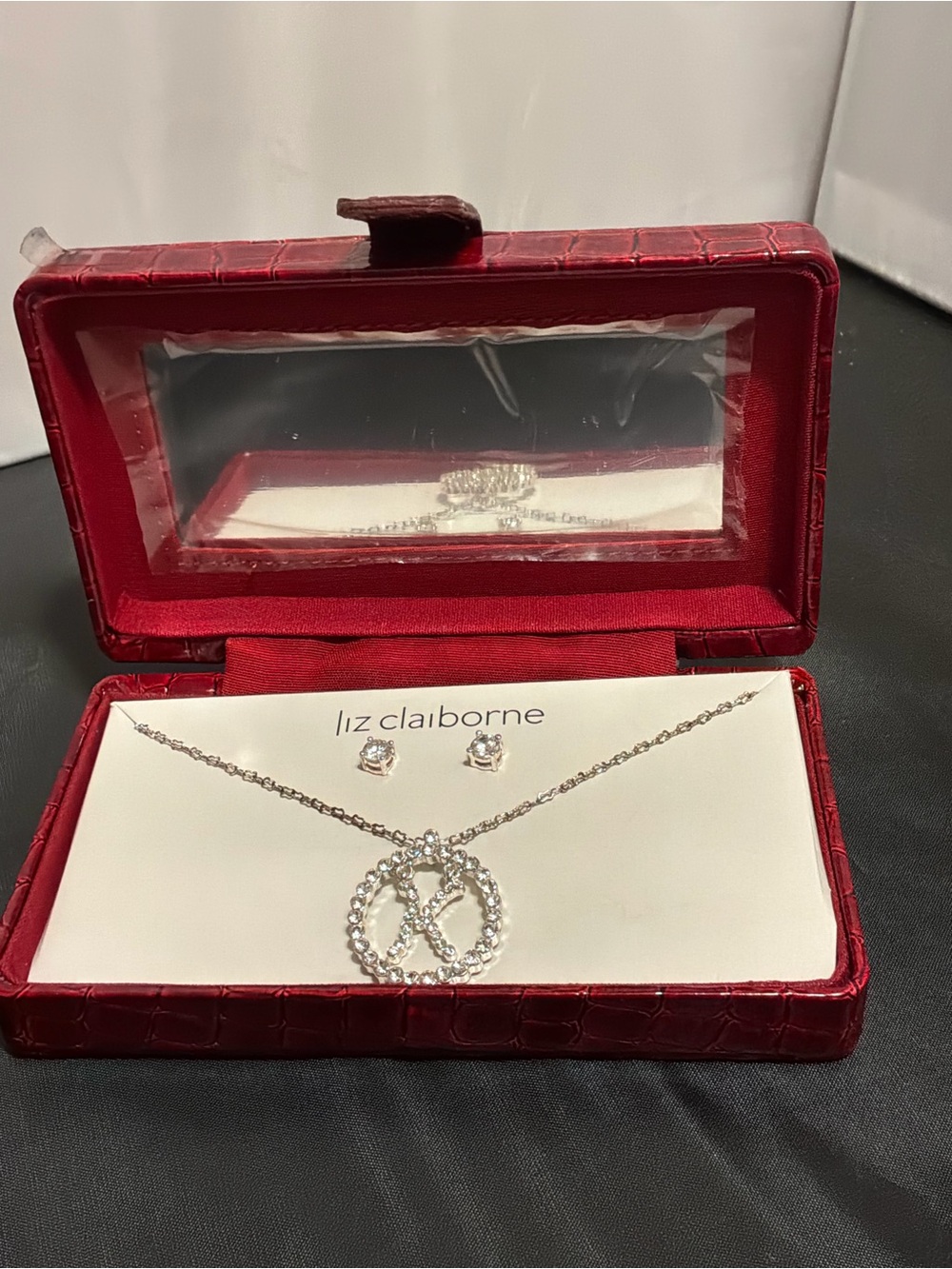 Liz Claiborne Silver Crystal Initial Pendant Necklace & Stud Earrings,NIB